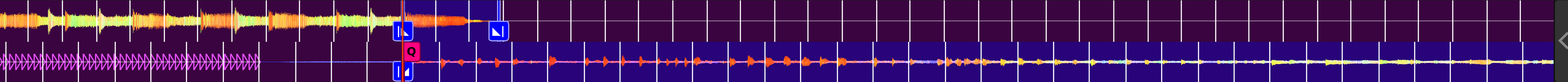 Two tracks' waveforms with the starts of the outro and intro aligned